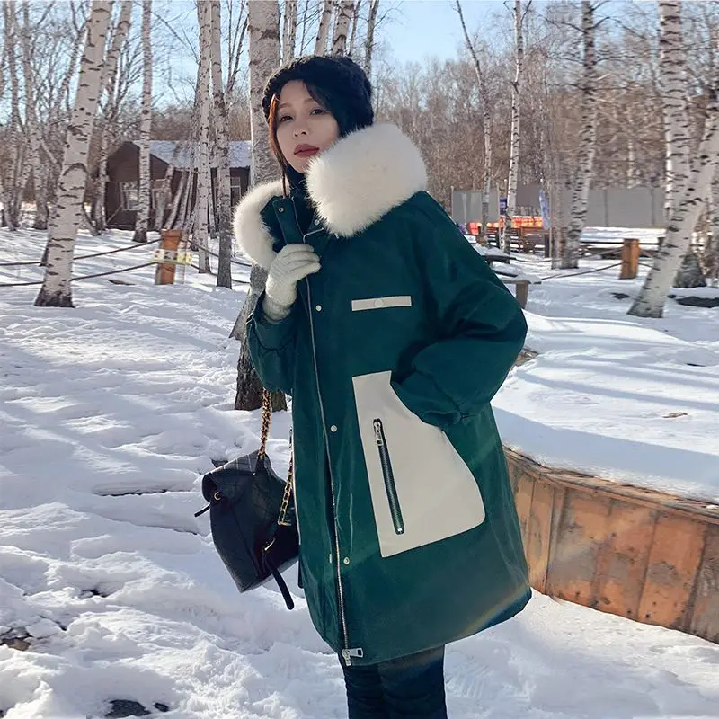 Winter Women's Cotton Jacket Loose Hooded Patchwork Windbreaker Parkas