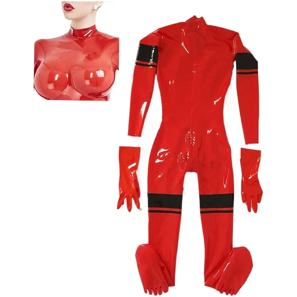 

Sexy Women Red Full Body 3d Breast Latex Catsuit Rubber Gloves Toes Socks with Zip Between Legss