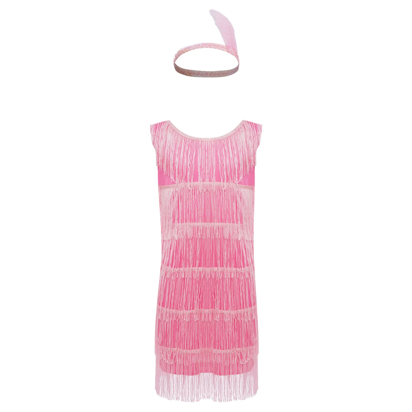 

Girls Latin Dance Dress Cha-Cha Tango Rumba Samba Performance Costume Sleeveless Tiered Tassels Dress with Feather Headwear Sets