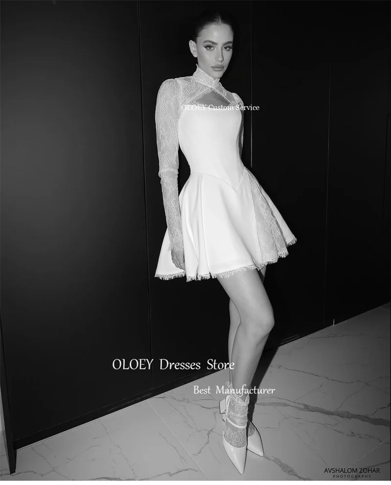 OLOEY 2025 Short A Line Wedding Dresses With Jacket Long Sleeves High Neck Mini Bridal Gowns Robe de mariage Party Dress