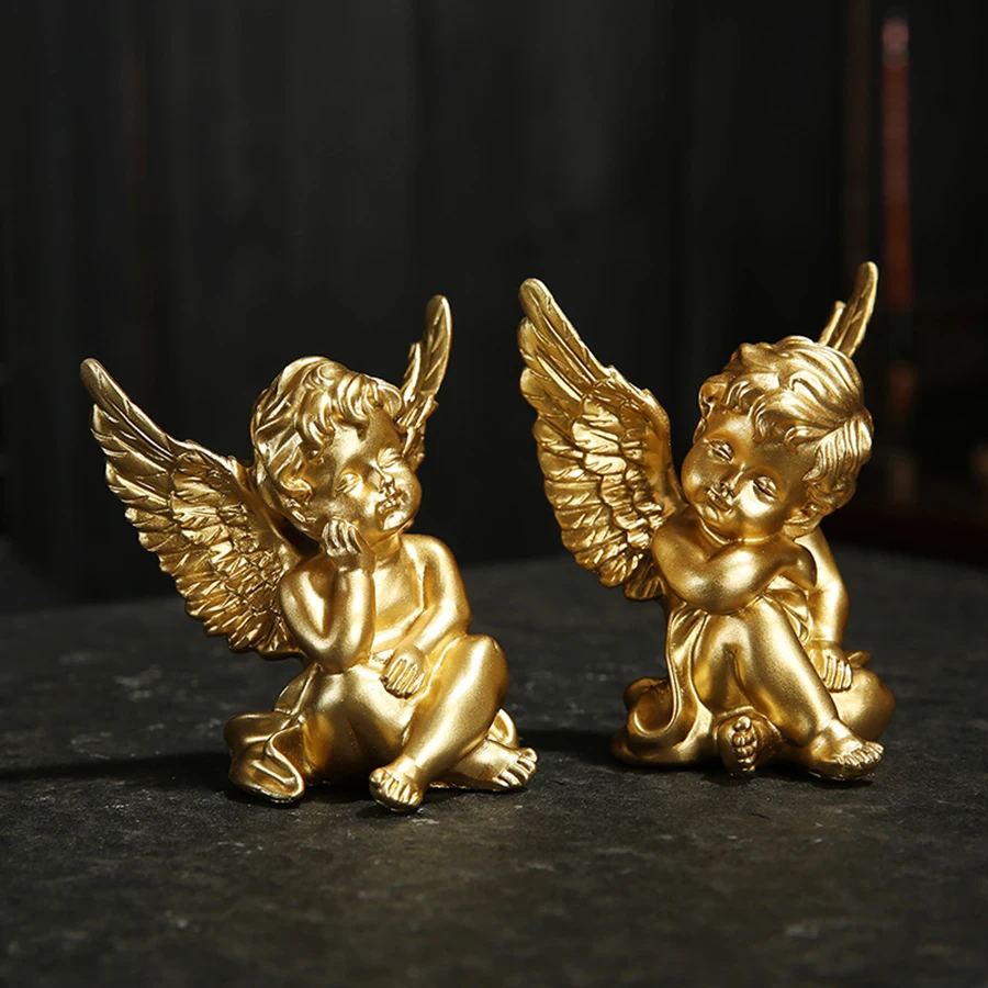 Conjunto de 2 estatuetas de estátua de anjo dourado de resina de querubim, decoração de jardim doméstico interno e externo, linda escultura de anjo branco