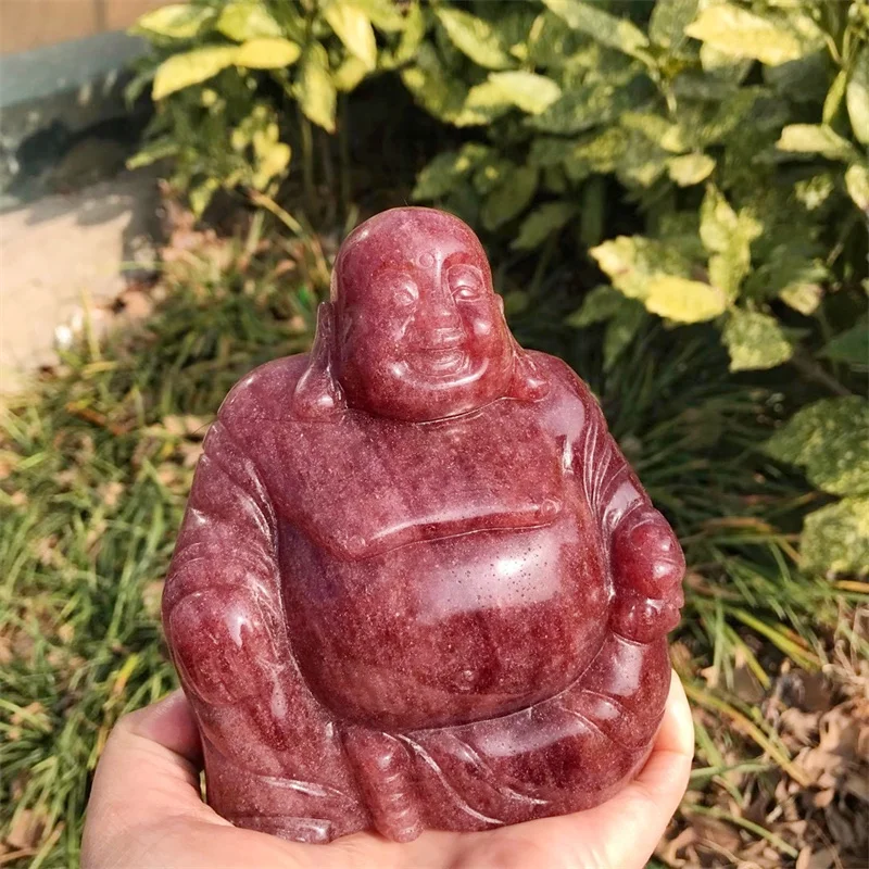 Natural Strawberry Quartz Carving Of Maitreya Buddha Statue Healing Crystal Fengshui Fashion Buddhism Home Decoration Gift 1pcs