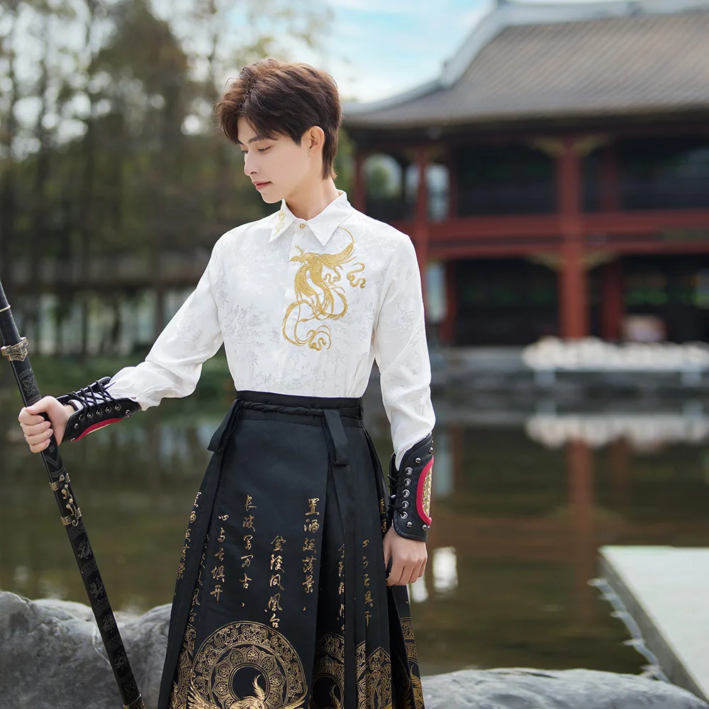 Large Size 4XL Hanfu Horse Face Skirt Men Chinese Traditional Weaving Gold Hanfu Pleats Skirt White Sets Cloak