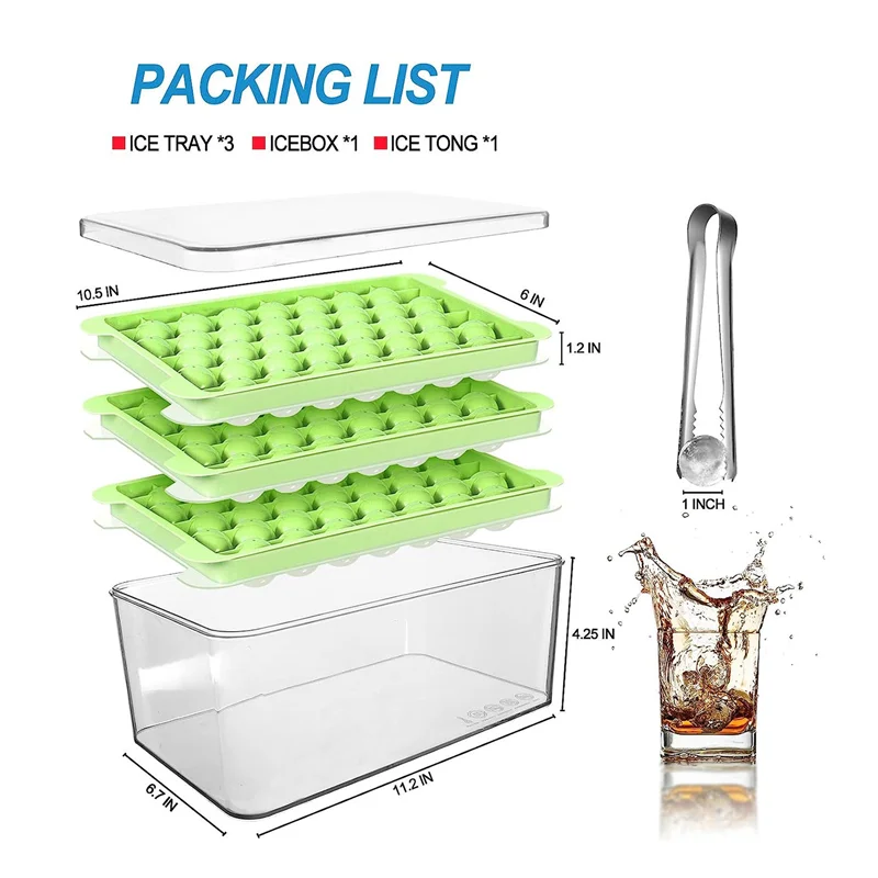 Ice Cube Tray Fit For Freezer, Easy-Release Ice Ball Maker Mold With Removable Green