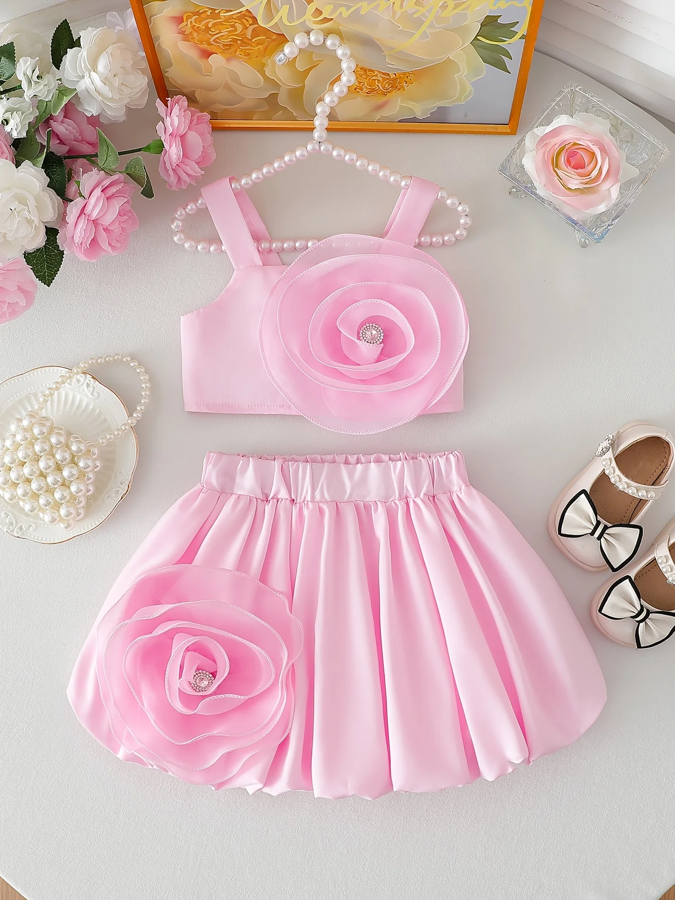 

Girls' Summer Dress: 3D Flower Sleeveless Top + Puff Skirt | Valentine's Day Gift / Girl's Birthday Gift