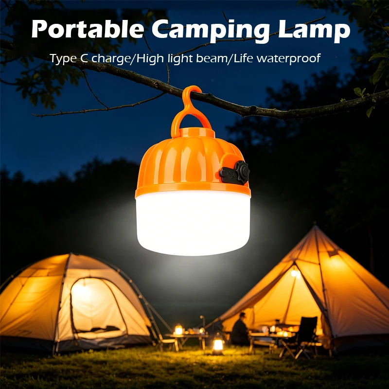 Mini Portable LED Pumpkin Bulb 6500K Rechargeable Eye-protecting Light Strip Hook Tent Light Outdoor Emergency Lighting Lamp