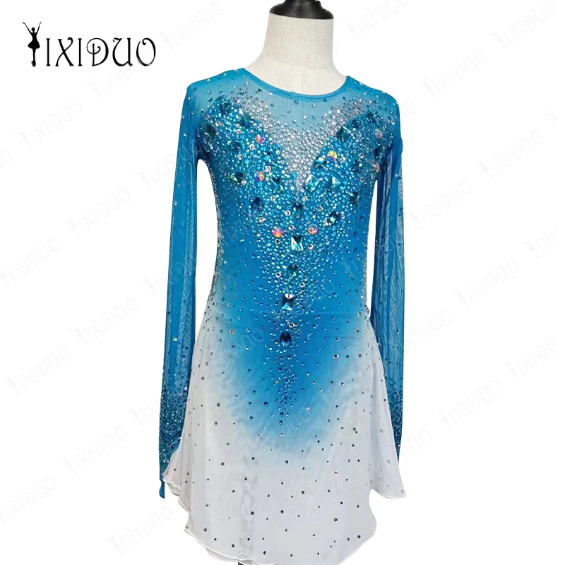 Blue Womens Rhinestone Figure Ice Skating Dress Gymnastics Leotard Dress Long Sleeve Mesh Splice Competition Dance Costume