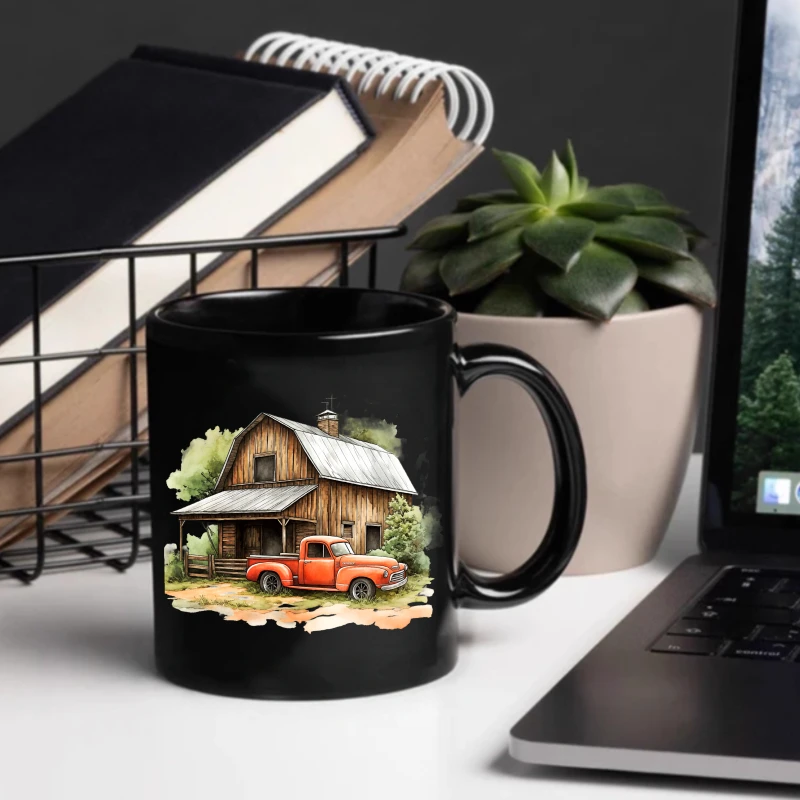 Ceramic mug, black country barn and red truck pattern for coffee, tea or hot drinks
