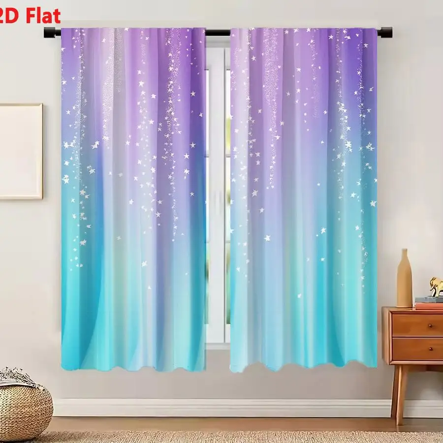 2Pcs Curtains 2D Flat Dreamy Ethereal Background With Vertical Columns Of Soft Flowing Light And Cascading White Stars Window Dr