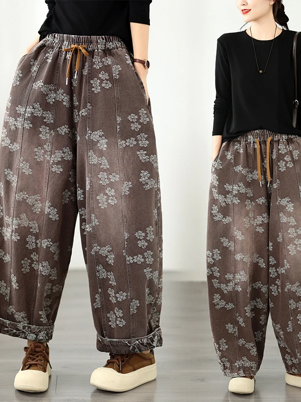 Women's High Waist Loose Fit Denim Harlan Pants Double Layer High Waist Floral Embroidery Slimming Wide Leg Casual Jeans
