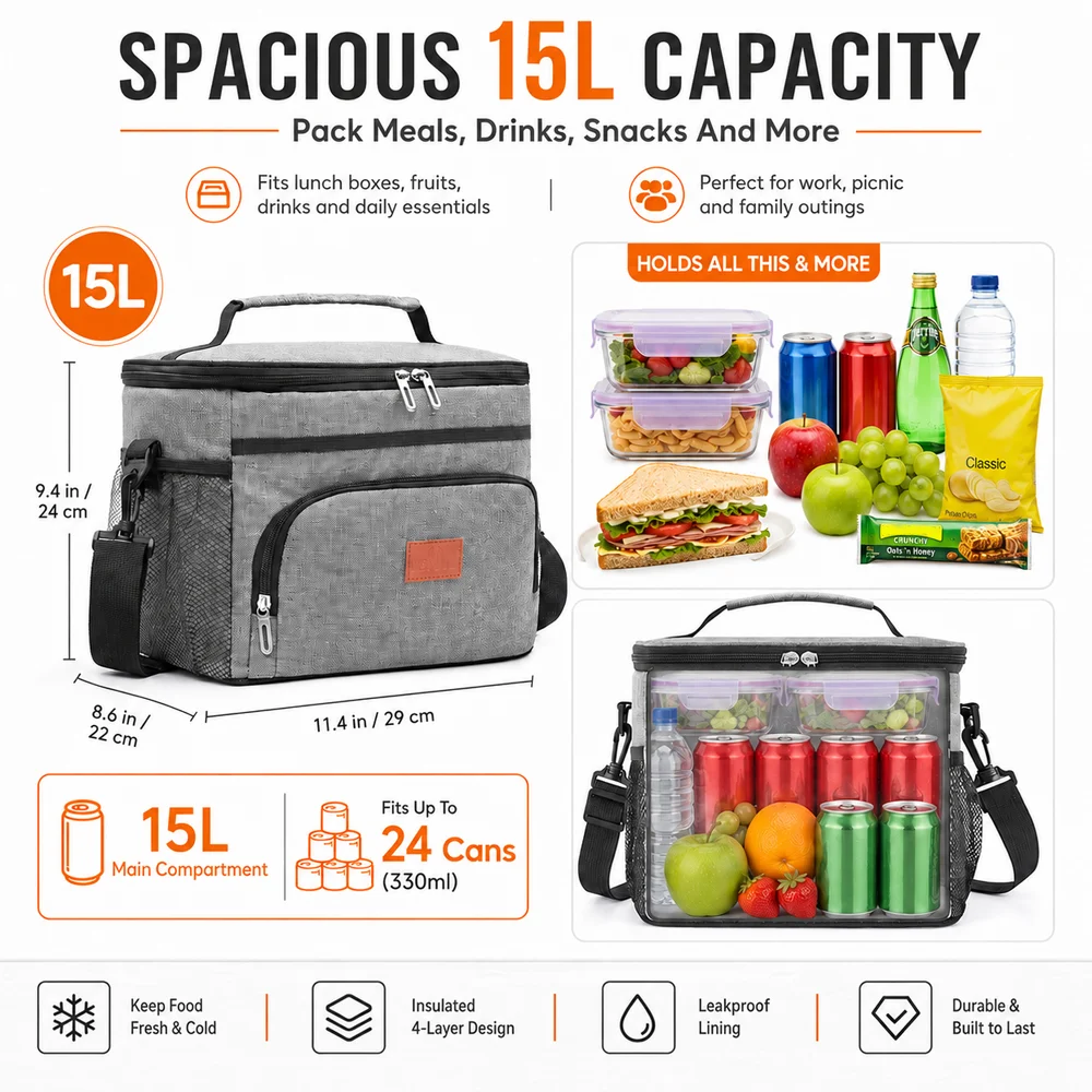 15L 16 Qt Large Insulated Picnic Cooler Bag Leakproof Thickened Thermal Ice Tote Shoulder Strap for Outdoor Car Travel