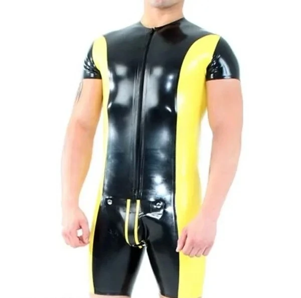 fashion black yellow men's latex sexy front zip short sleeve wear club customized contrast catsuit bodysuit latex