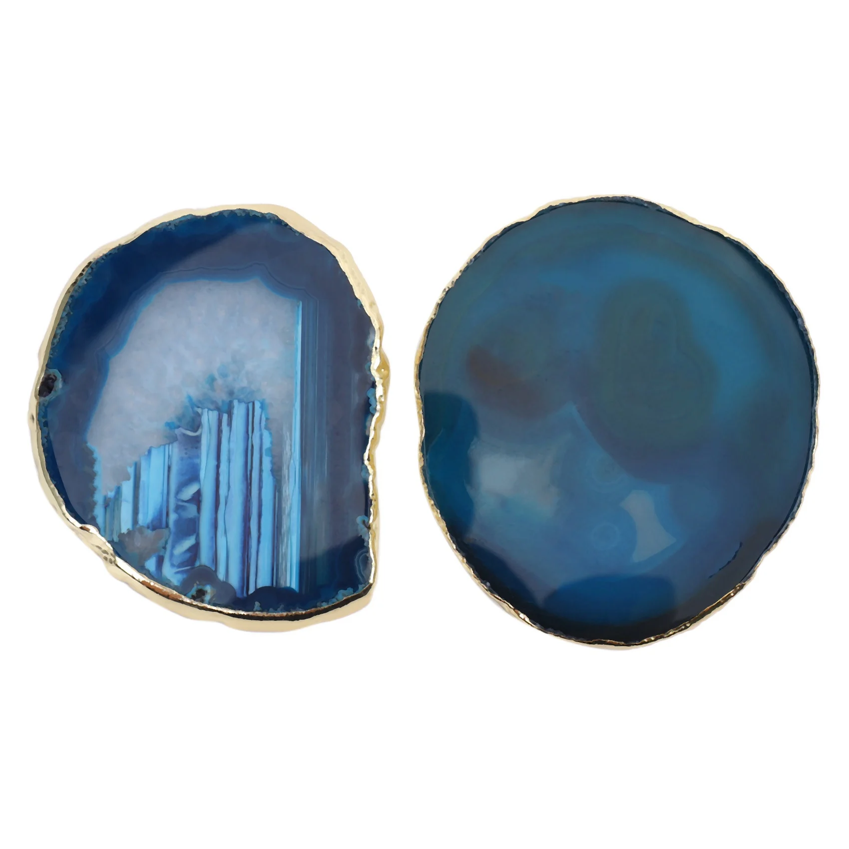 

2Pcs Agate Slice Blue Agate Coaster Teacup Tray Decorative Design Stone Coaster Gold Edges Home Decor Gemstone Coaster