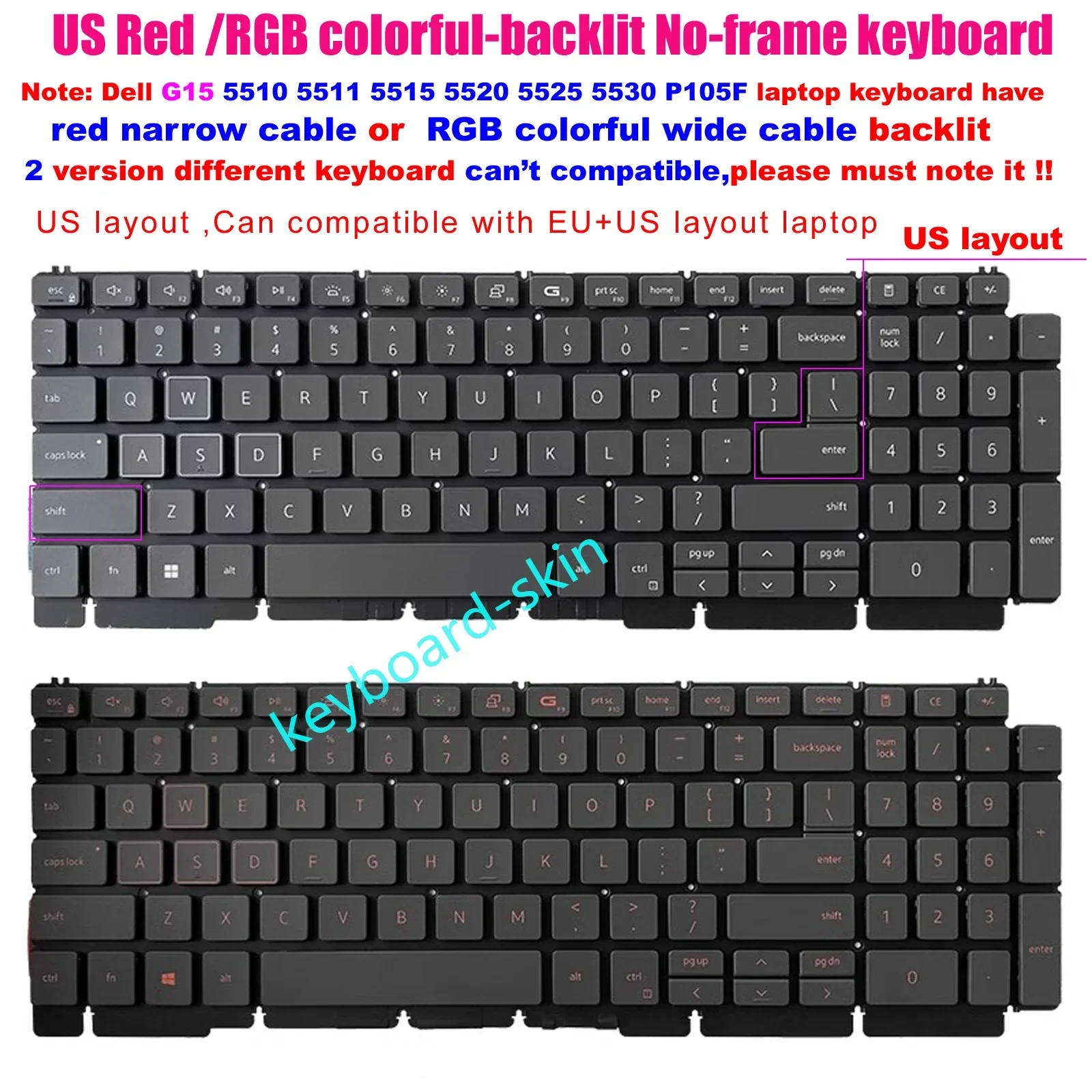 US Red /RGB colorful Backlit Keyboard For Dell G15 (5510),G15 (5511),G15 (5515),G15 (5520),G15 (5525),G15 (5530) P105F laptop