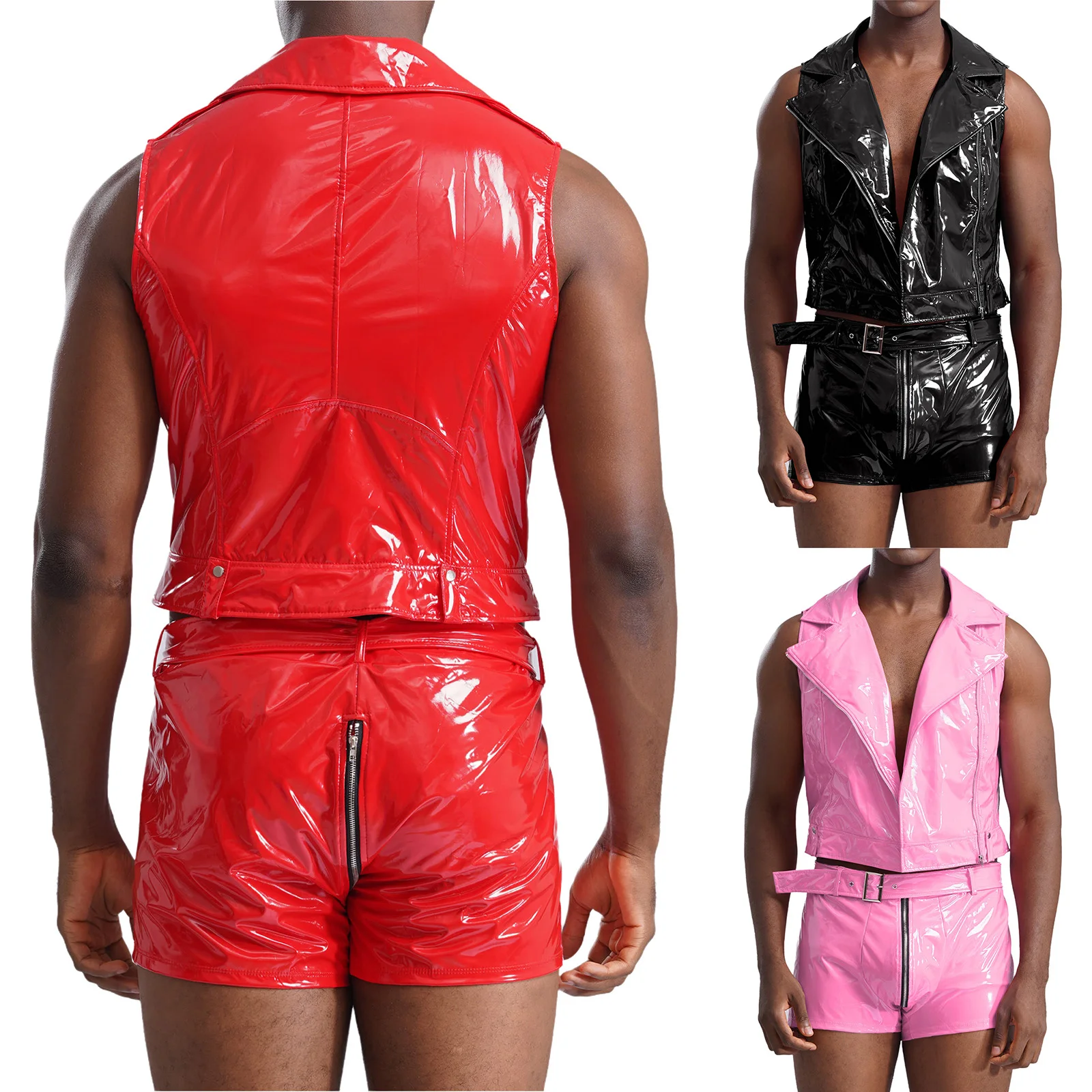

Men Wet Look Patent Leather Outfits Costume Sleeveless Tank Top and Double-end Zip Boxer Shorts with Waist Belt for Raves Party