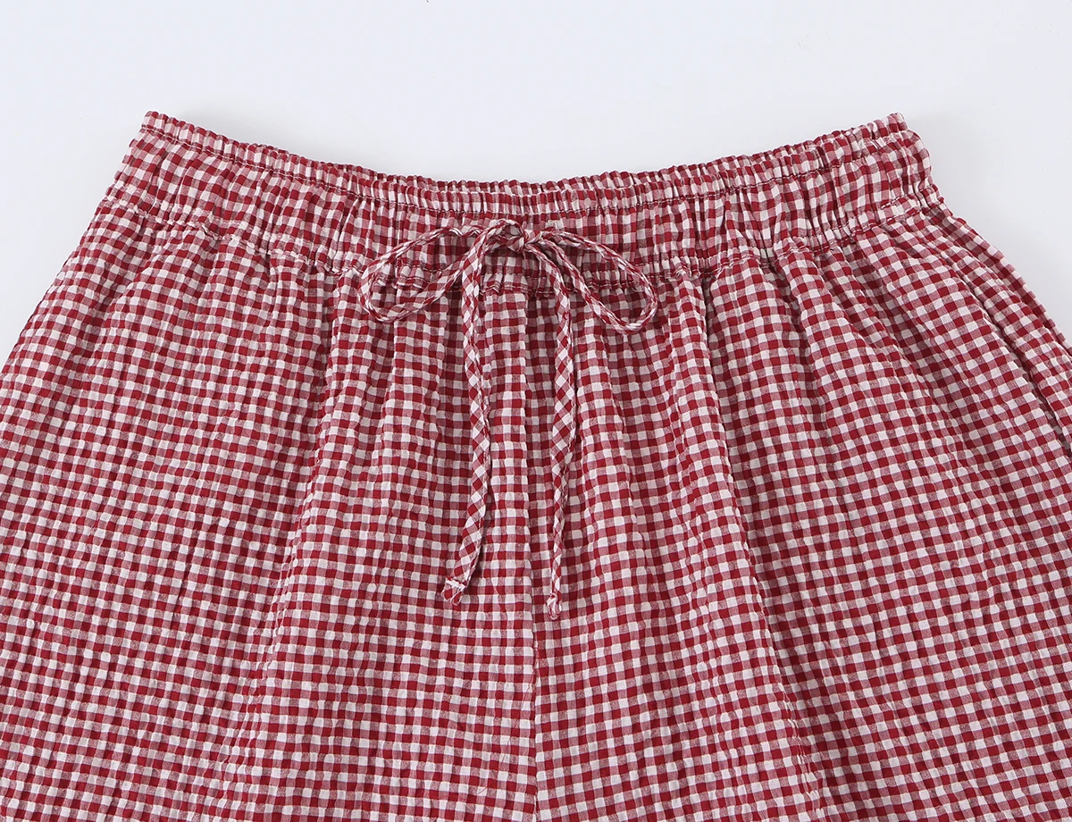 KONDALA Damen Lässige Schicke Rote Karierte Laternenhose 2026 Sommer Trendige Street-Style Urlaubshose mit Kordelzug Elegante Damen-Bloomers – Detail 4