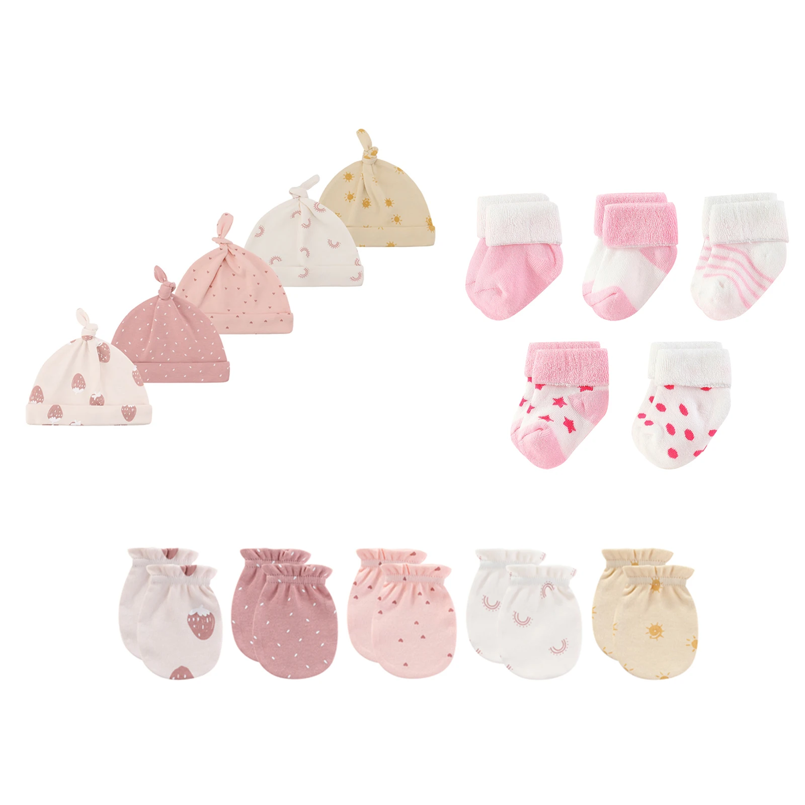 15Pieces New Born Gloves+Hats+Socks Sets Cartoon 100%Cotton Baby Boy Girl Headwear 0-12M Solid Color Infant Supplies Accessories