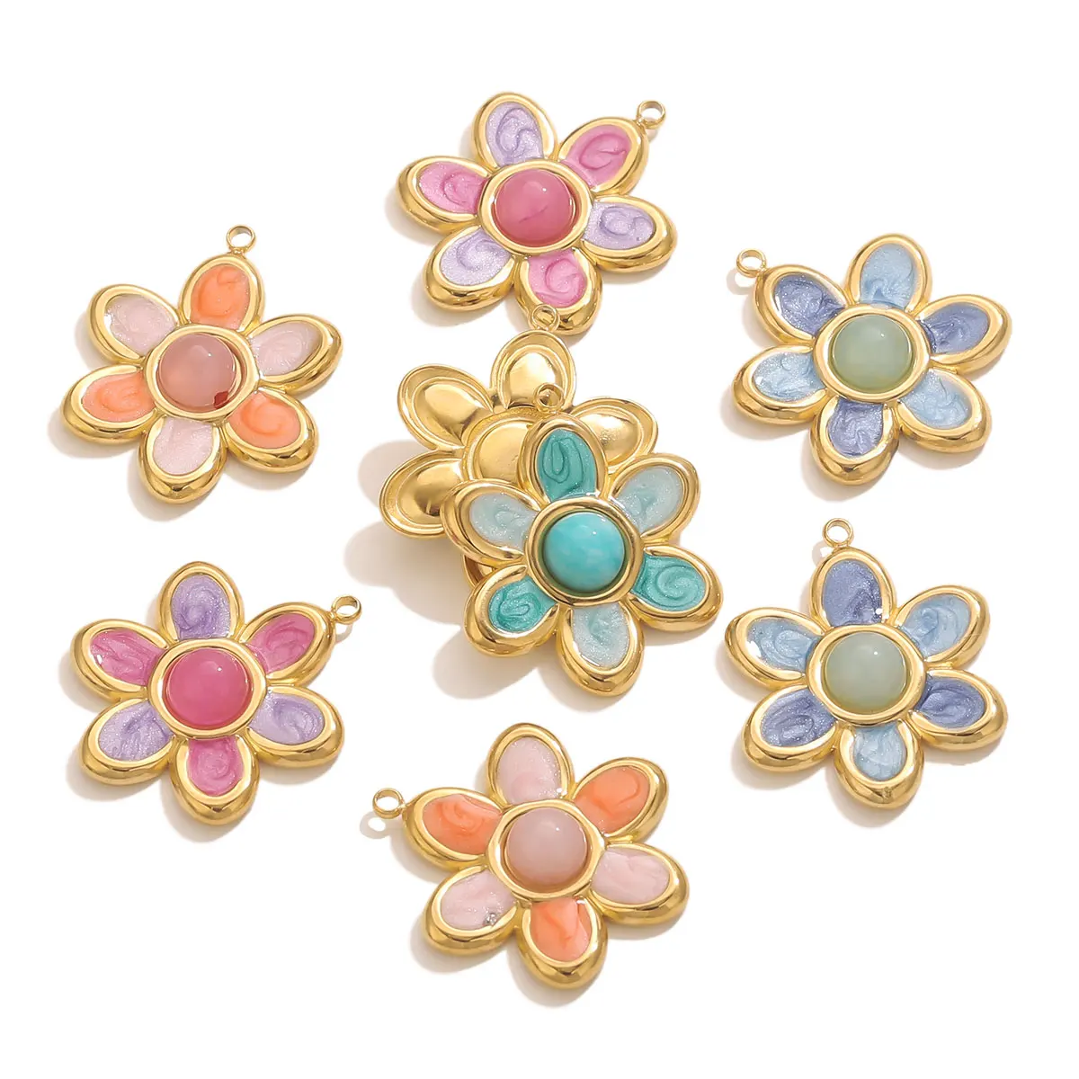 

2 PCS Stainless Steel 18K Gold Plated Enamel Drop Oil Flower Charm Pendant DIY Necklace Earring Jewelry Accessories Wholesale