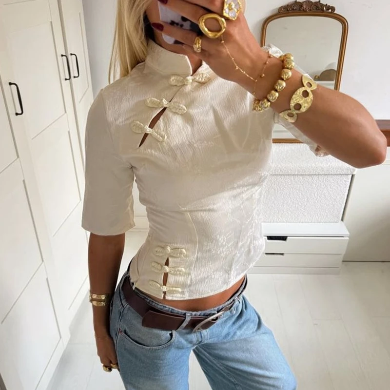 

Womens Chinese Style Qipao Stand Collar Blouse 2026 Vintage Floral Print Short Sleeve Slim Shirts Y2k Hollow Out Tops