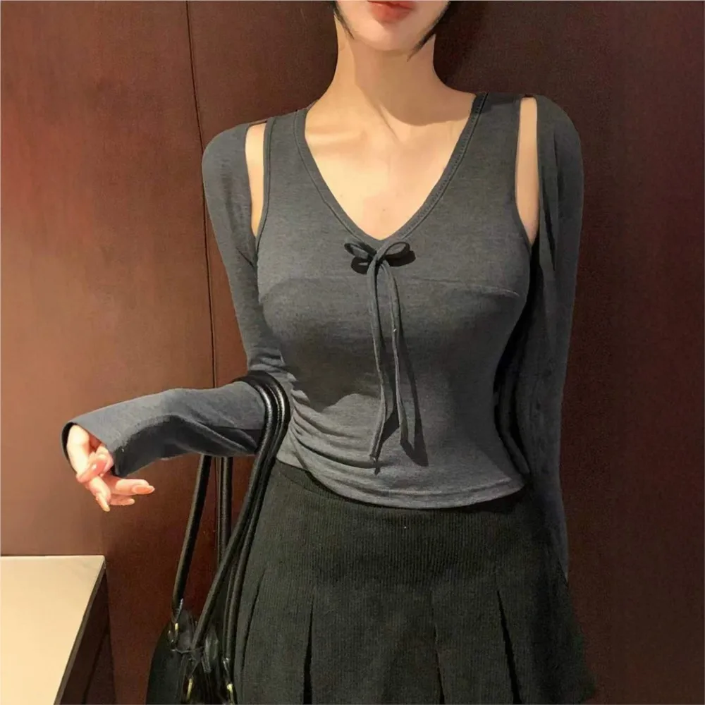 Autumn Fashion Solid Casual Tops Two-piece Sets Women V-neck Sleeveless Suspender Slim Tank + Long-sleeved Cardigan Top 2pcs Set