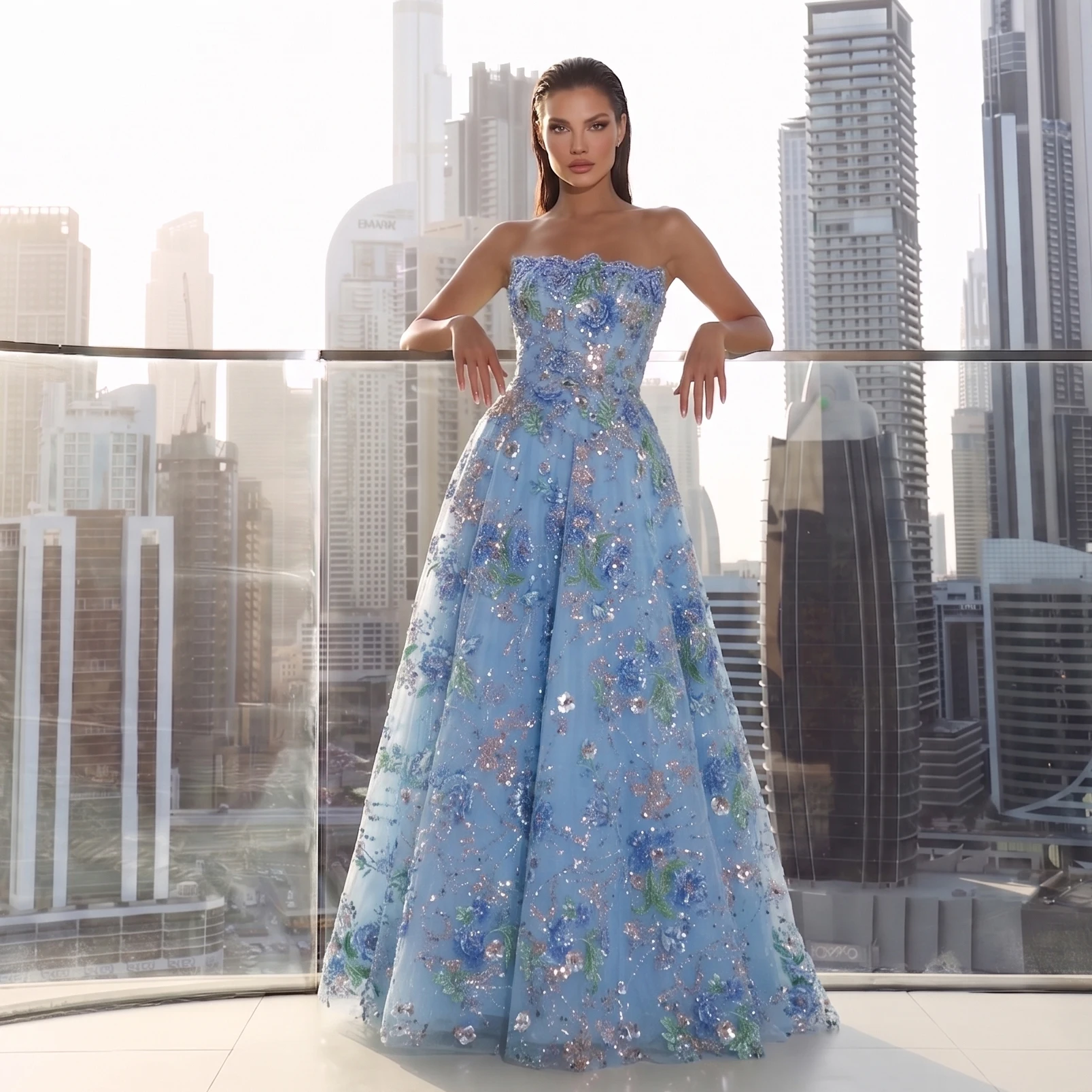 Sharon Said Luxury A Line Evening Dress Sequined Pearls 3D Flowers Women's Formal Wedding Guest Party Gowns SS460 Customized