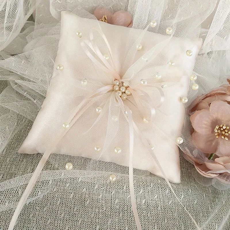 Wedding Ring Pillow for Wedding Decoration 15 X 15cm Lace Pearl Decor Satin Bridal Cushion with Ribbons