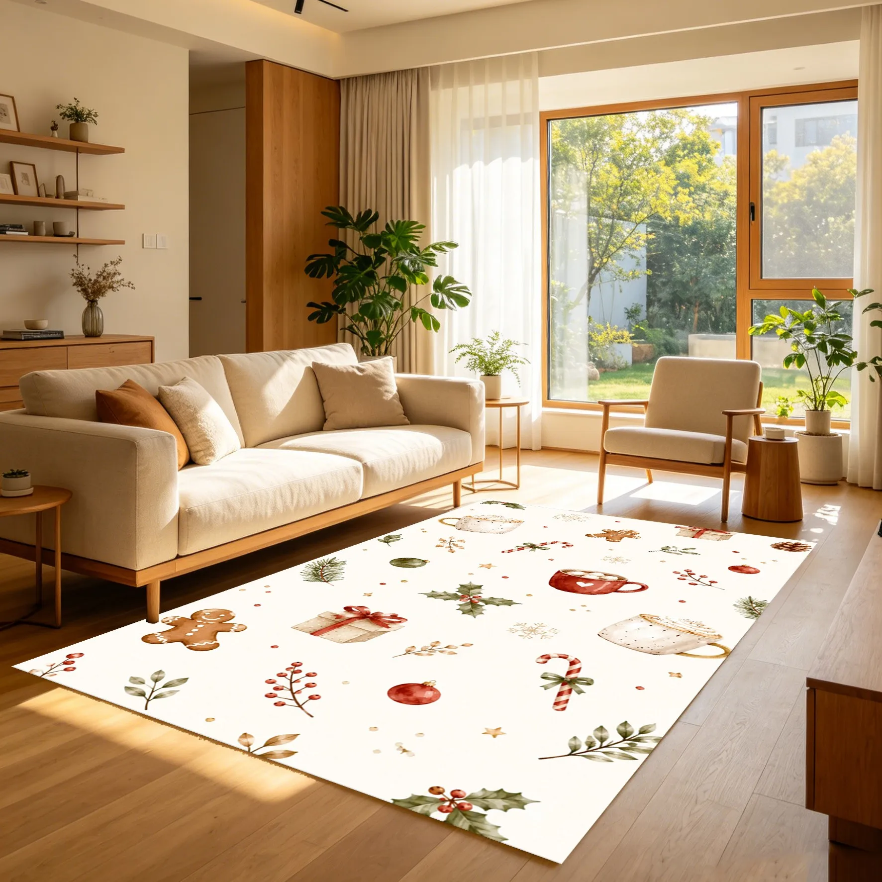 2D Carpet with Coffee Elements + Coffee Healing Slogan American Retro Style Warm Brown Soft Texture Cozy Autumn and Winter