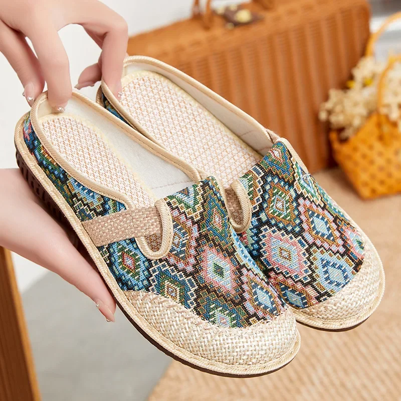 Shoes female lazy pedal bag head slippers furniture half tray casual shoes color matching plaid versatile mother single shoes