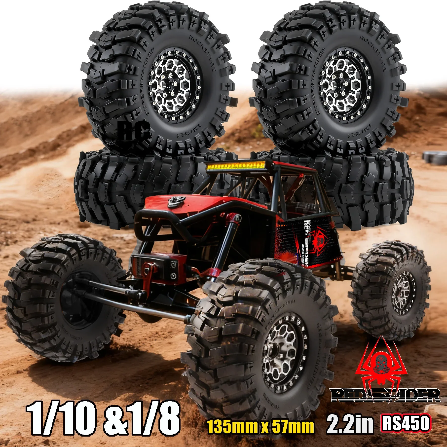 2.2-inch Wheel Hub 135mm Tire Tires Tyre for CROSSRC Rhino 1/8 Hyper GO MJX H8H YK4083 RC Car Metal Upgrade OP Accessories Parts