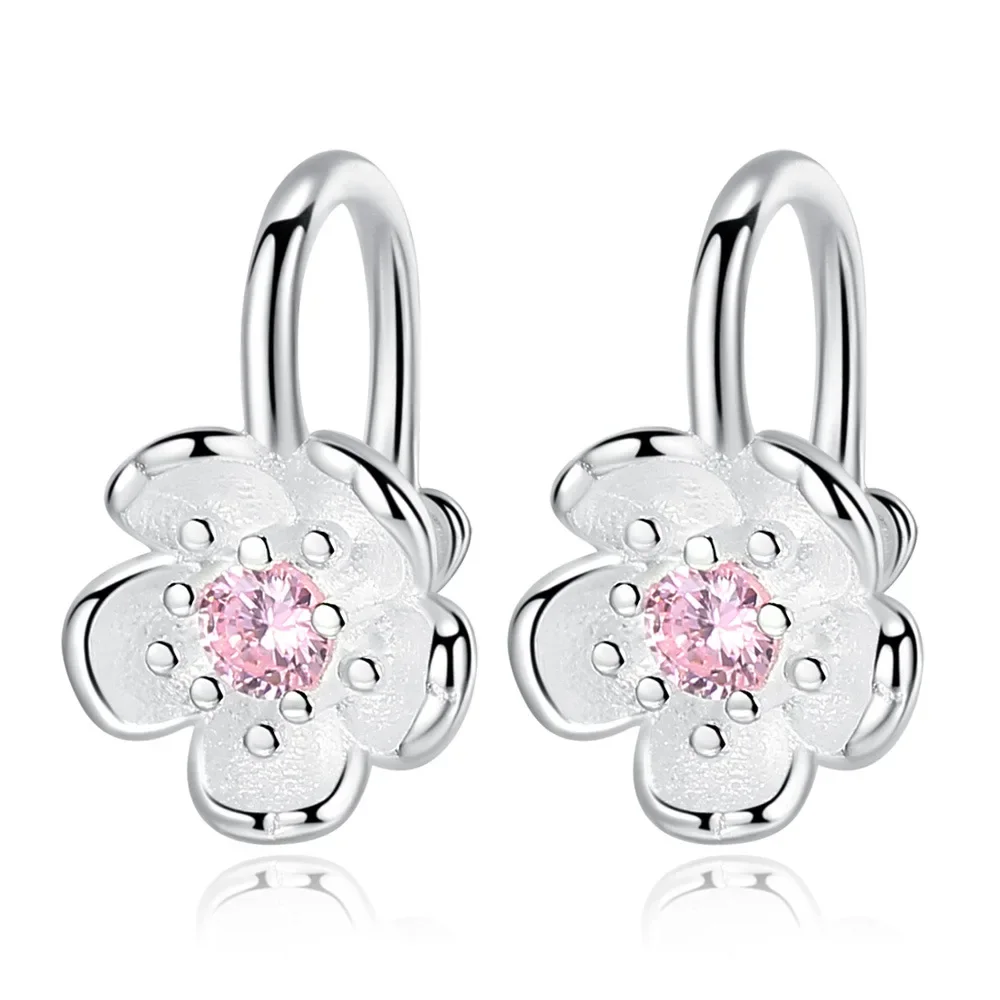 Korea Style Crystal Cherry Blossom Flower Clip on Earrings Without Piercing for Girls Party Sweet 925 Silver No Hole Ear Clip