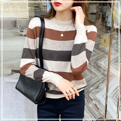 Fashion Simplicity Commute Thin Style Loose Stripe Internal Construction Round Neck Insert Women's Knitted Shirt Autumn 2024