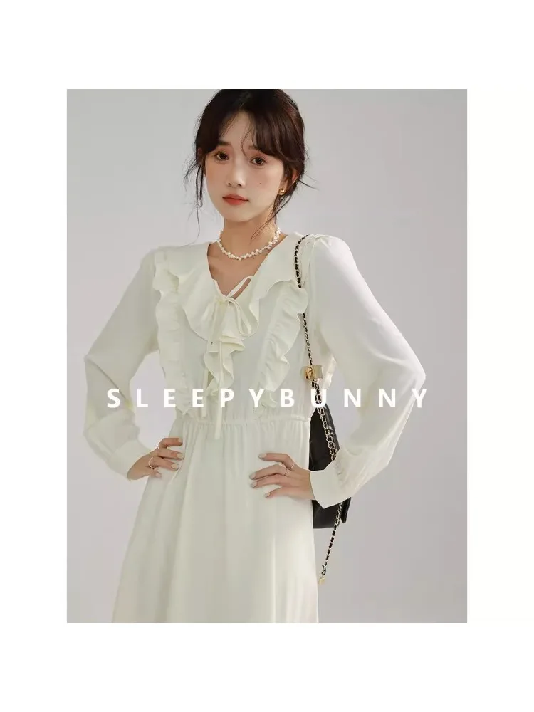 

French Ruffle V Neck Midi Dress for Women Autumn Long Sleeve Tie Waist Dress High Waist Sweet Elegant Outfit for Daily Date Look