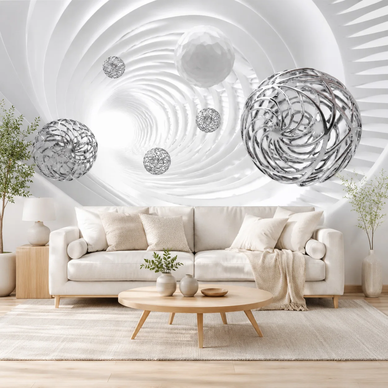 3D White Spiral Tunnel Wallpaper Mural Silver Geometric Sphere Wall Art Modern Living Room Decor Non Self Adhesive Requires Glue