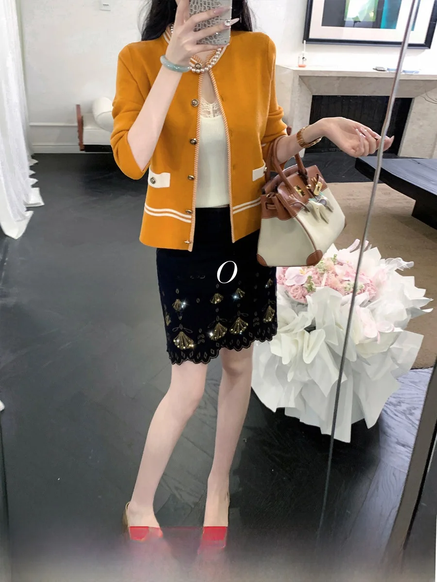 Syqiao Elegant Pearl Embroidery Peacock Lady Luxury Heavy Work Skirt Wave Halter High Waist A-Line Midi Skirt for Women