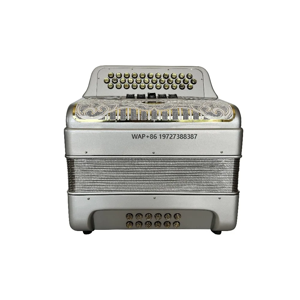 

Professional OEM 34-Button 12-Bass 5-Register Silver Accordion with White Gold Grill and Gold Buttons JB3412D Acordeon