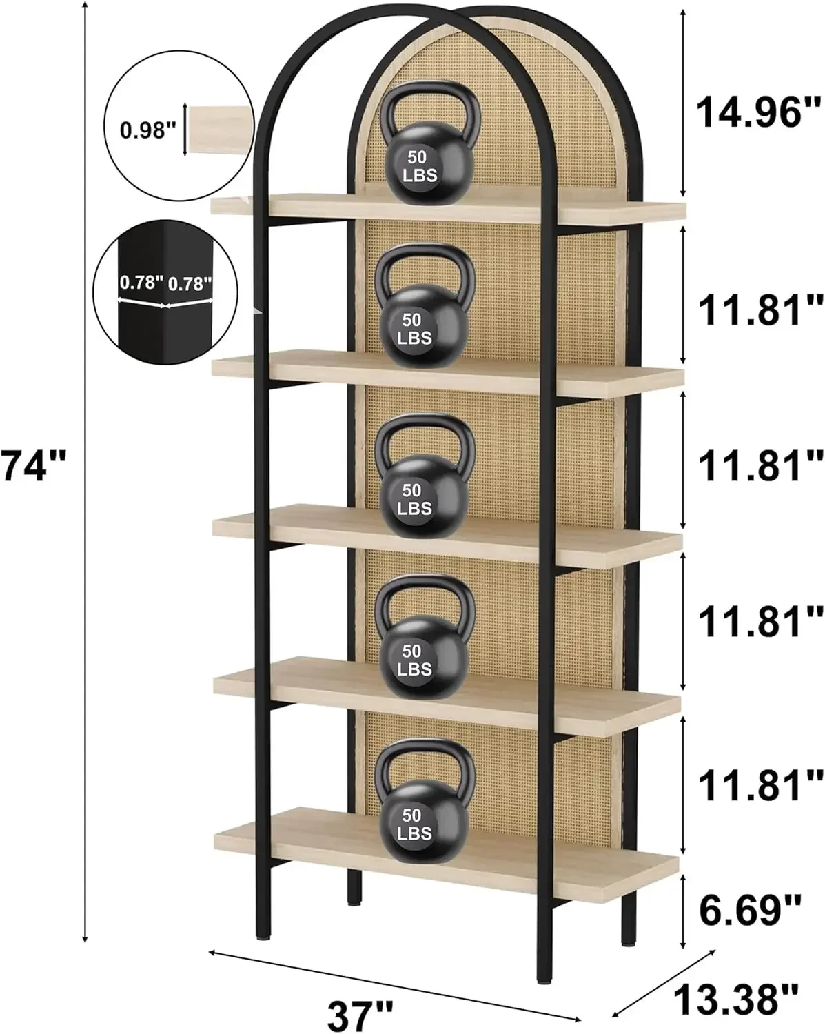 [وصول جديد، شحن مجاني! ]خزانة كتب مقوسة من 5 طبقات من الروطان، أرفف كتب صناعية مفتوحة بطول 74 بوصة لغرفة المعيشة، إخوانه