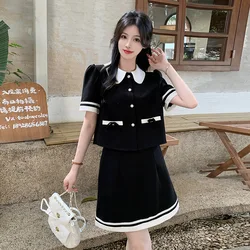 New Korea Elegant Two Piece Black Sets Sweet Peter Pan Collar Top + A Line Midi Skirts Suit Retro Summer Lovely Bow Party Outfit