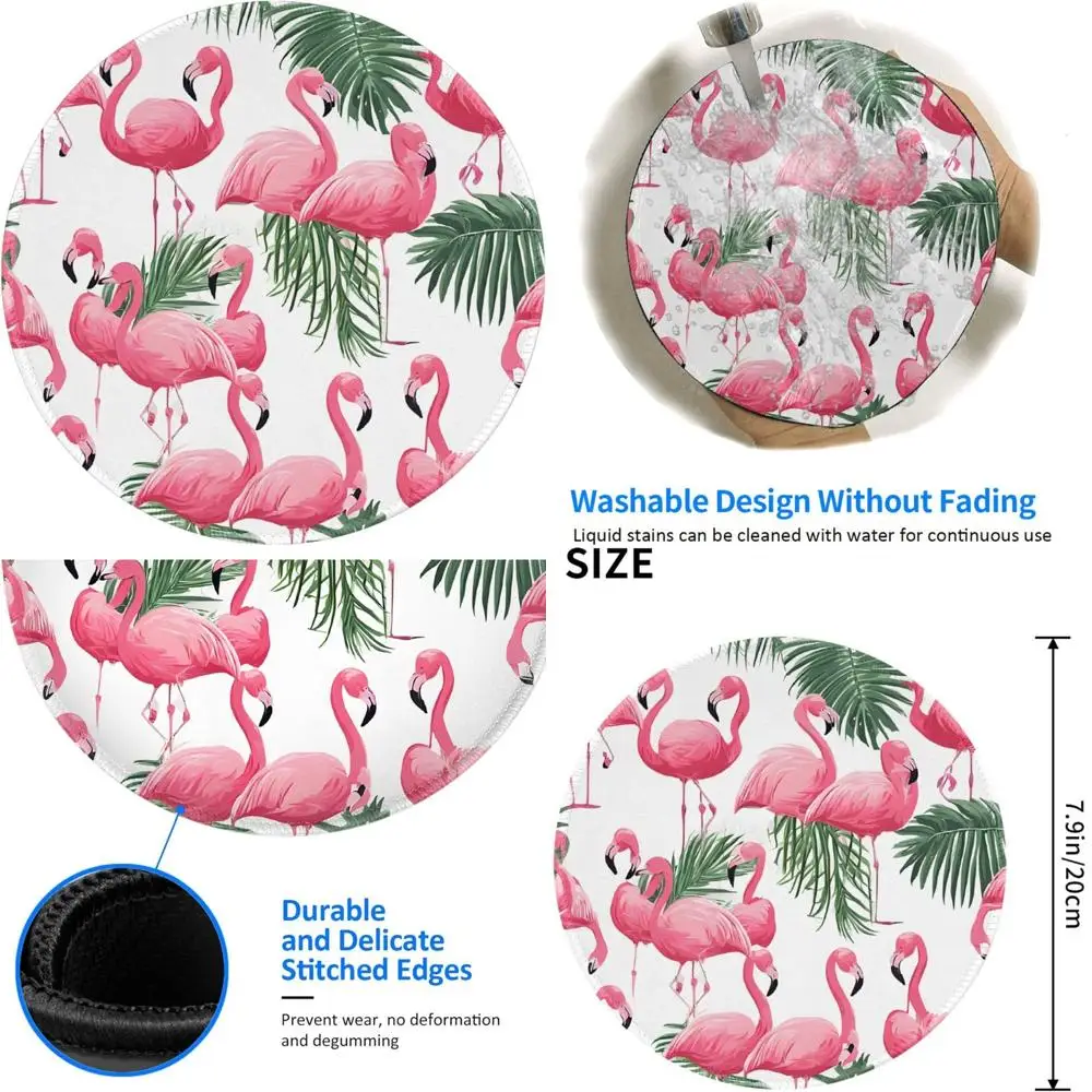 

Flamingo Flower Design Round Gaming Mouse Pad with Anti-Slip Rubber Base and Stitched Edges