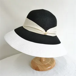 Classical Wide Brim Women Sun Hats Black Ribbon Band Summer Straw Hat Down Turned Brim Church Hat Packable Holiday Derby Hat