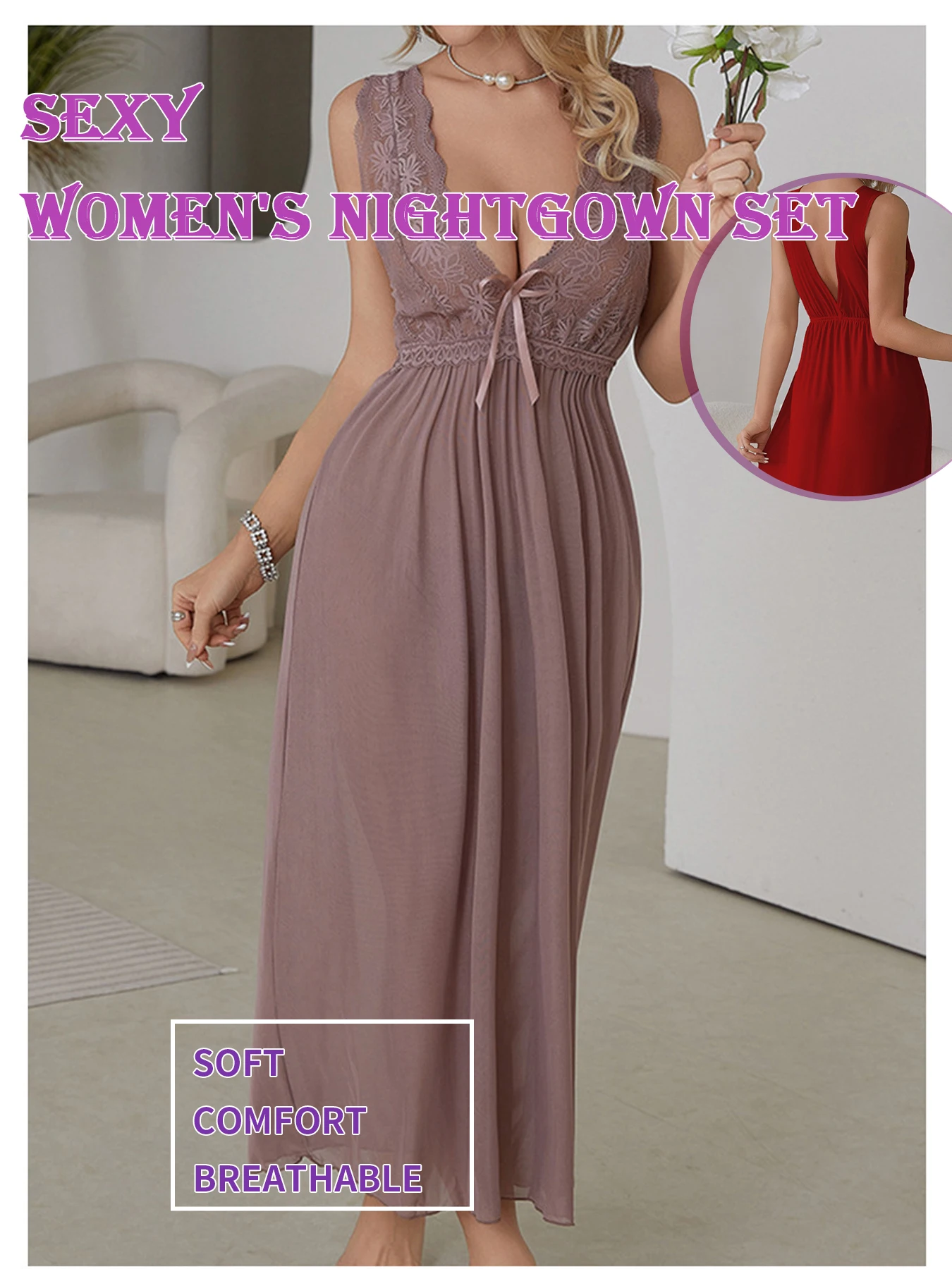 Conjunto de vestido de lencería Sexy para mujer, camisón largo con escote en V profundo y espalda descubierta, ropa de casa para todas las estaciones