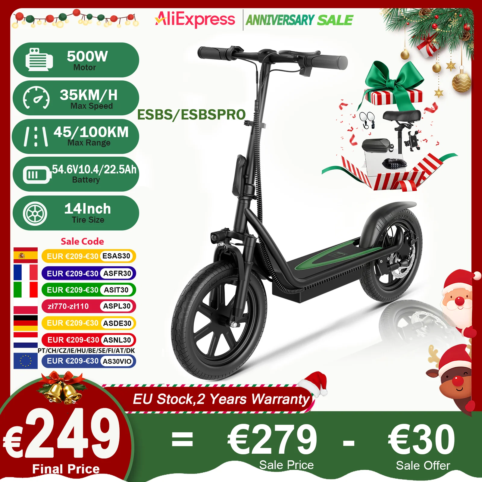 JUICEASE-Trottinette électrique ESBS/ESBSPRO, 500W, 54.6V, 10.4Ah/22,5 Ah, batterie de grande capacité, 45/100km d'autonomie, 35 km/h, 14 pouces