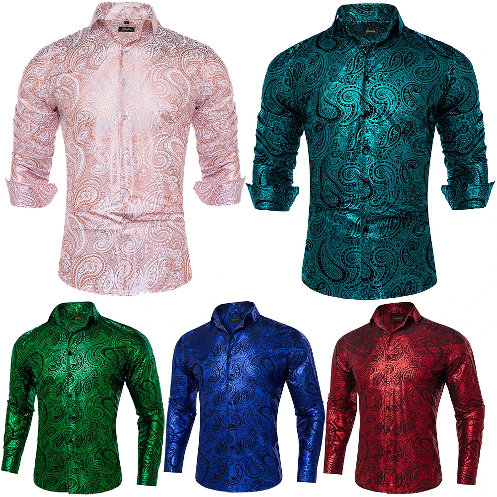 Luxury Gilding Pink Blue Red Paisley Print Silk Dress Shirts for Men Long Sleeve Social Men Clothing Tops Slim Fit Blouse