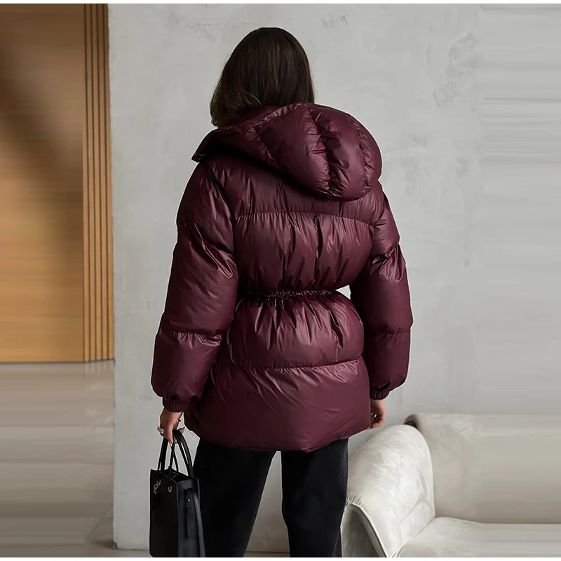 Women's Winter Jacket Hooded Drawstring Zipper Stand-Up Collar Lace Up Winter Jacket Female Loose Casual Chic Jackets For Ladies