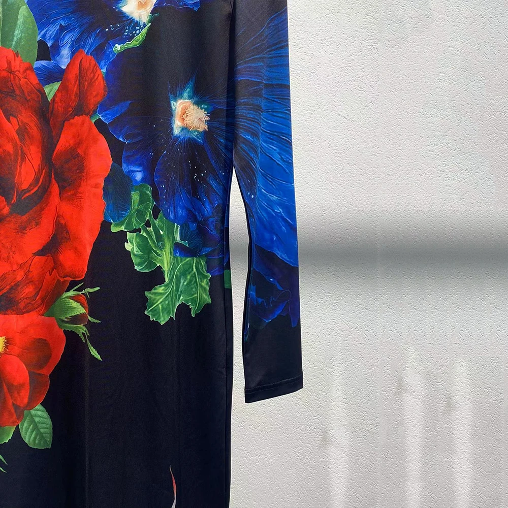 Fashion Floral Printing Women Dress Y2k Temperament Elegant Commuter Round Neck Long Sleeve Long Dresses 2024 Fall / Winter New