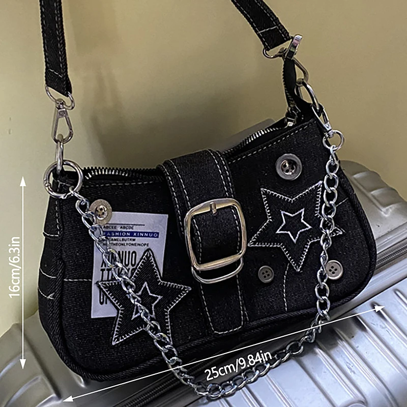 Y2k Fashion Women\'s Handbags Stars Pattern Cool Girls Underarm Bag Fashion Canvas Female Small Shoulder Bags Chain Tote Purses