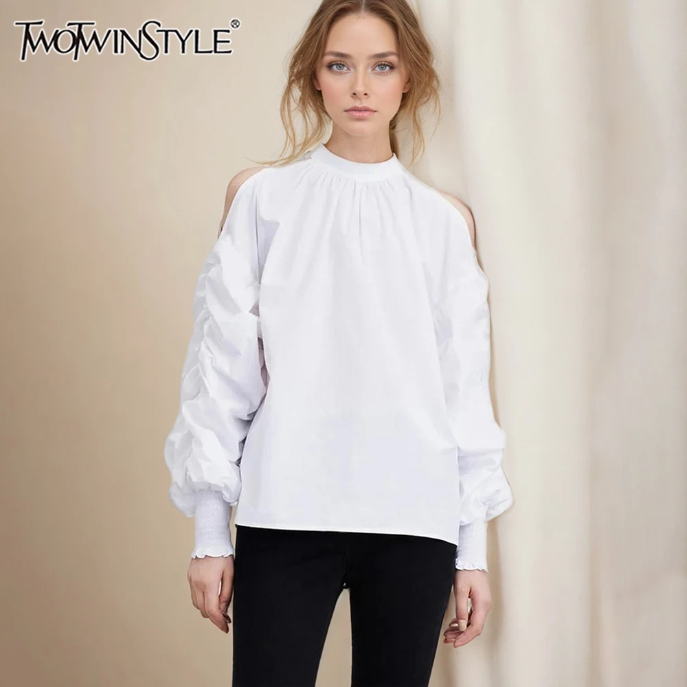 

TWOTWINSTYLE Solid Casual Blouses For Women Round Neck Long Sleeve Patchwoek Folds Minimalist Shirts Female Fashion New Clothing