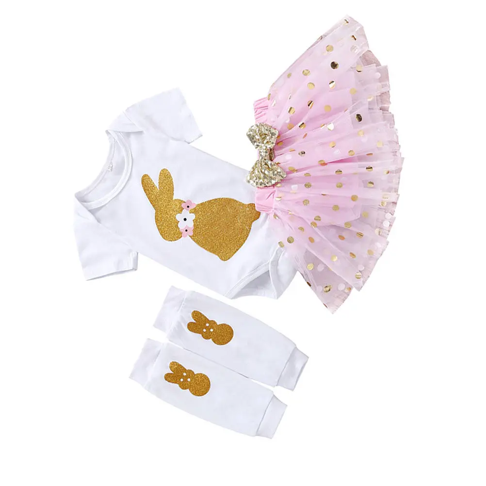 

Cute Easter Bunny Romper Dress Bright Color Short Sleeve Mesh Skirt Kids Outfit 100Cm Pink Children Party Festival Wear Costume