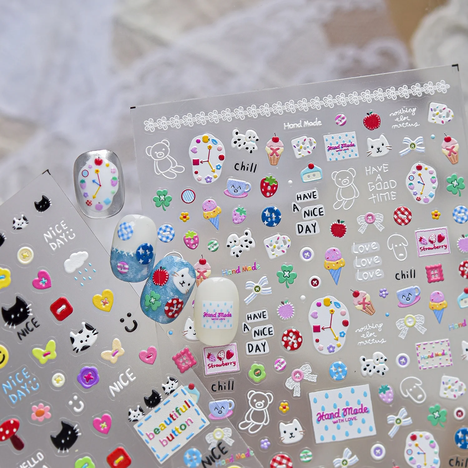 Cute Bear Button Watch Dial Strawberry Ice Cream 5D Nail Art Stickers Four Leaf Clover Cat Plaid Square Lace Trim Retro Decal