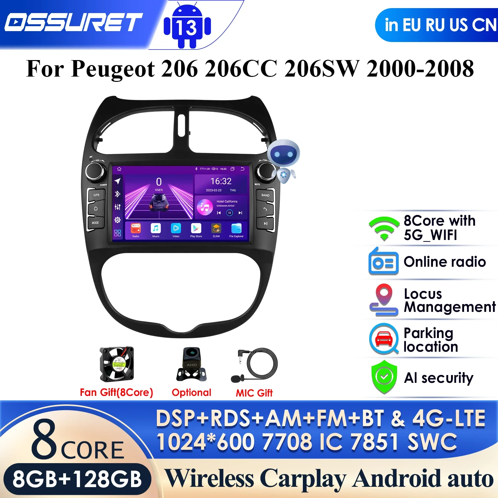 

For Peugeot 206 206CC 206SW 2000-2008 Car Radio Multimedia Video Player Navigation GPS 2din Android 12 Autoradio Carplay Auto 4G