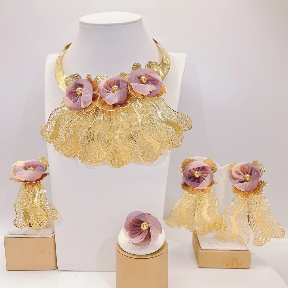 Women Elegant Purple Fabric Flower Jewelry Set 4Pcs Gold Plated Statement Necklace Bracelet Ring & Matching Earrings for Party